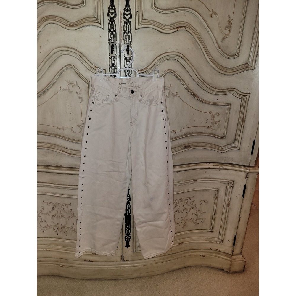 Old Navy High-Rise Baggy Wide Leg Studded Jeans Off-White Cream Size 0